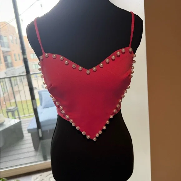Chic Pearl-Trim Pink Heart Cropped Top size Small Sold out! - Picture 2 of 6
